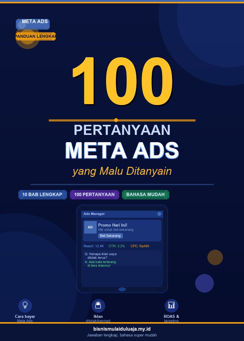 Cover Ebook 100 Pertanyaan Meta Ads yang Malu Ditanyain